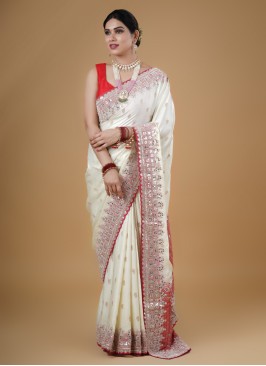 Golden Cream Wedding Events Banarasi Silk Saree
