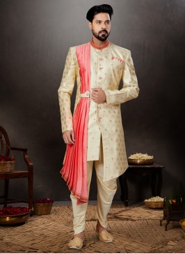 Golden Cream Wedding Wear Sherwani For Men