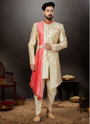 Golden Cream Wedding Wear Sherwani For Men