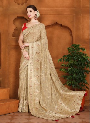 Golden Cream Woven Banarasi Silk Saree