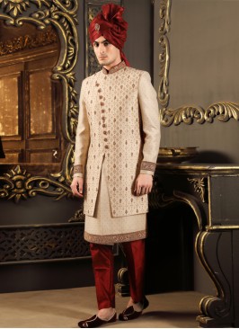 Golden Embroidered Readymade Groom Sherwani