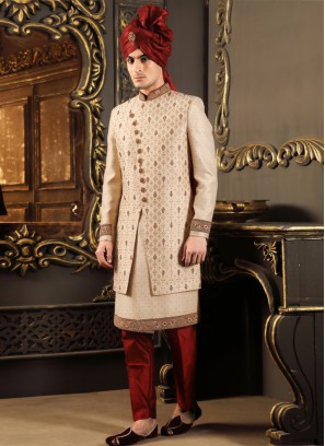 Golden Embroidered Readymade Groom Sherwani