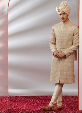 Golden Embroidered Sherwani For Wedding