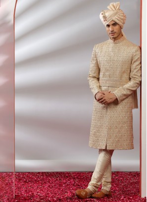 Golden Embroidered Sherwani For Wedding