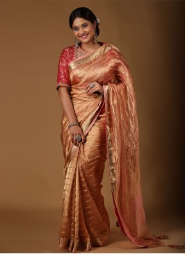 Golden Peach Color Designer Saree For Wedding