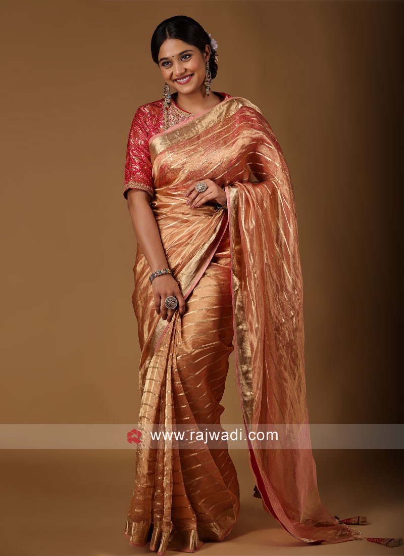 Peach colour top bridal saree