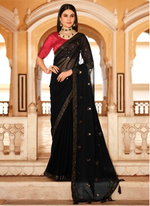 Gorgeous Black Chinon Silk Classic Saree