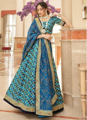 Gorgeous Blue Art Silk Lehenga Choli with Floral Printed Dupatta