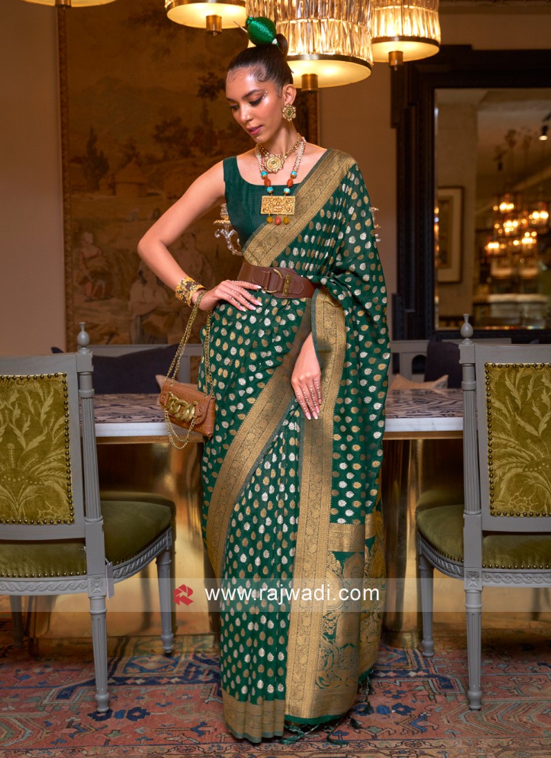 Wedding Wear Dark Green Embroidered Border Chiffon Silk Saree - VJV Now -  India