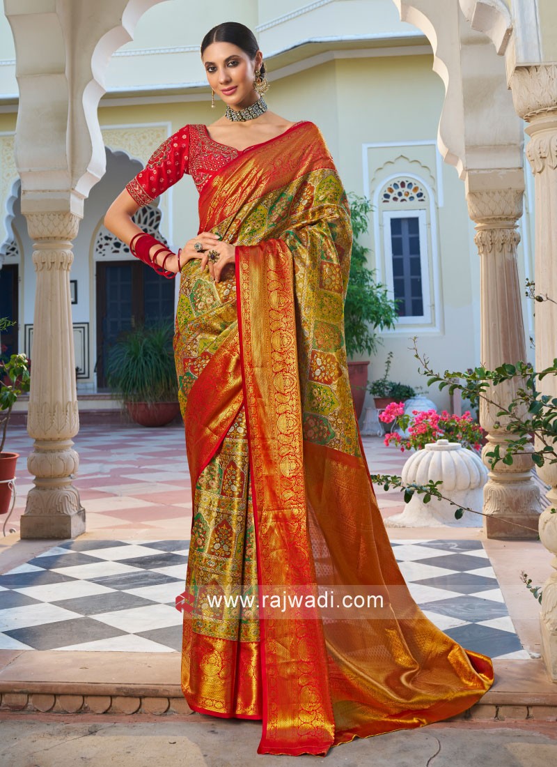 Peacock Zari Motifs Royal Orange Kanchipuram Silk Saree – Sundari Silks
