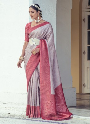 Gorgeous Light Grey Weaving Crepe Silk Saree