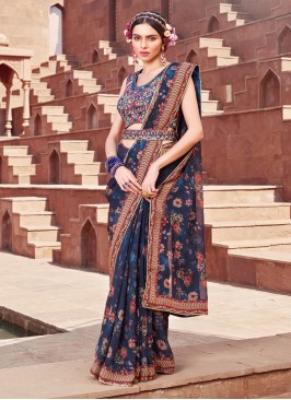 Gorgeous Navy Blue Organza Saree With Floral Prints