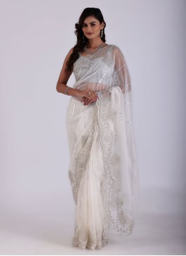 Gorgeous Off White Embroidered Organza Saree
