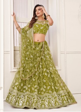 Gorgeous Olive Green Thread Embroidered Lehenga Choli