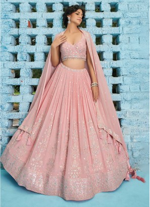 Gorgeous Peach Sequins Embroidered Chiffon Lehenga Choli