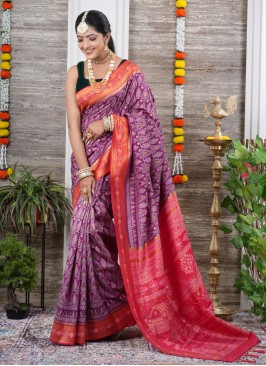 Gorgeous Purple And Red Fancy Print Banarasi Silk Saree