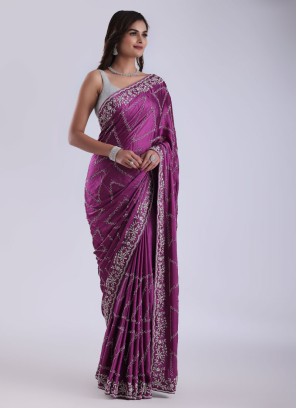 Gorgeous Purple Embroidered Crepe Chiffon Saree