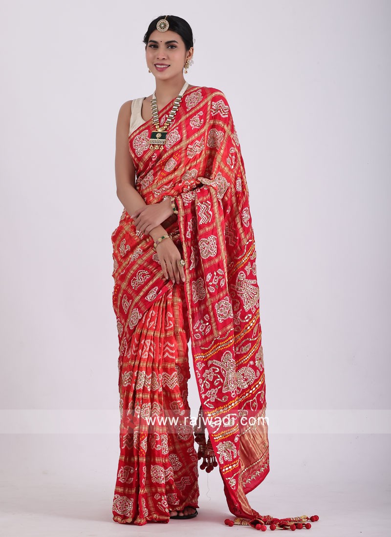 Cherry Pink Gharchola Rai Bandhani Saree Pure GajiSilk | KaLa Bandhej