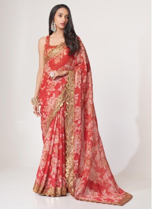 Gorgeous Red Floral Printed Organza Saree