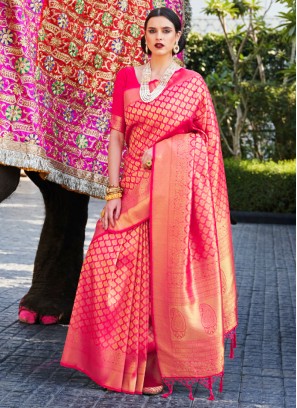 Gorgeous Deep Pink Zari Woven Silk Saree
