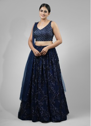 Gorgeous Navy Blue Soft Net Sequins Embroidered Lehenga Choli