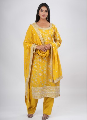 Gorgeous Yellow Floral Printed Banarasi Silk Salwar Suit