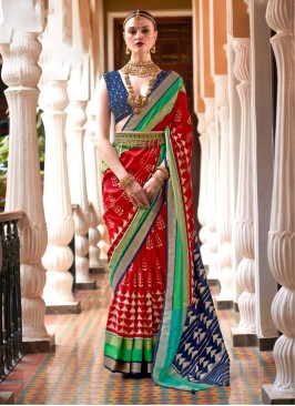 Gorgeous Red & Dark Blue Patola Print Silk Saree