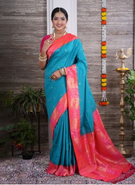 Graceful Rama Blue Silk Saree