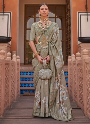 Olive Green Floral Printed Silk Contemporary Saree