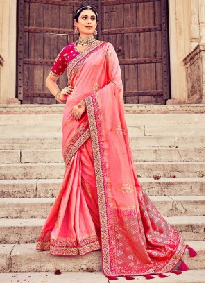 Pretty Pink Woven Silk Contemporary Saree