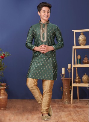 Green And Golden Jacquard Silk Kurta Pajama