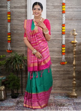 Green And Rani Patola Printed Trendy Banarasi Silk Saree