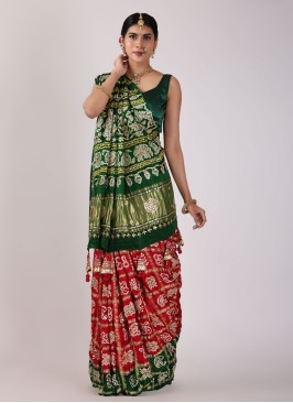 Green and Red Bandhani Printed Gharchola Saree