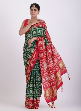 Green and Red Designer Gajji Silk Gharchola Saree