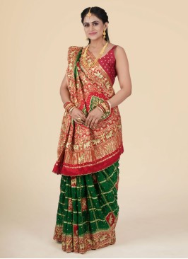 Elegant Green & Red Wedding Special Gharchola Saree