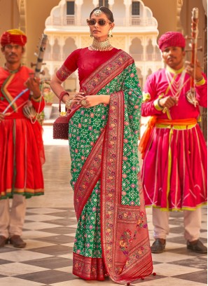 Green and Red Patola Silk Zari Border Classic Saree