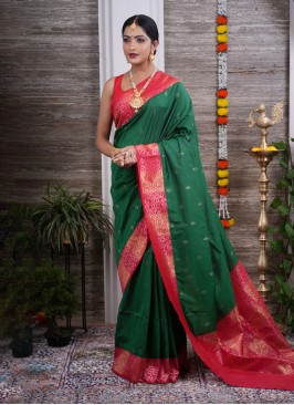 Green And Red Zari Enhanced Soft Silk Saree