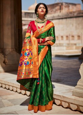 Green And Red Banarasi Silk Saree