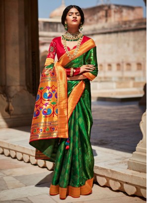 Green And Red Banarasi Silk Saree