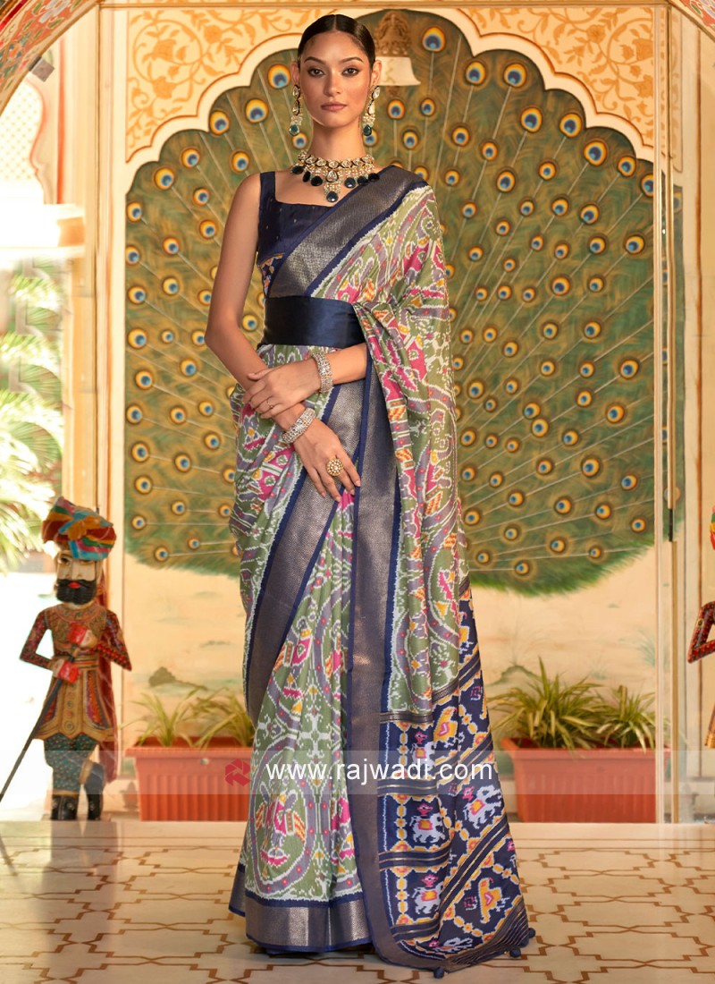 Pista Green Bandhani Saree With Zari Detail And Unstitched Blouse Piece