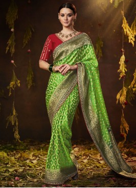 Bright Green Bandhani Printed Silk Saree