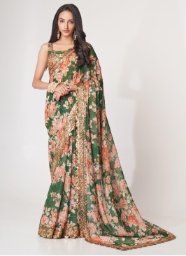 Green Floral Printed Organza Contemporary Saree