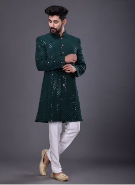 Green Color Indowestern In Cotton Silk