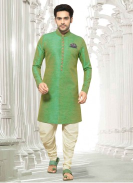Green Color Indowestern In Raw Silk