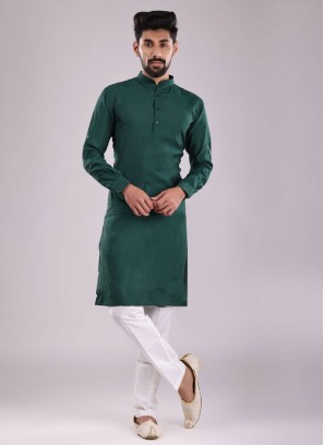 Green Color Kurta Pajama In Satin Fabric