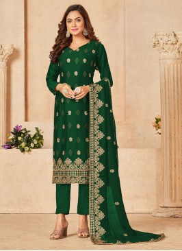 Green Designer Thread Embroidered Dress Material