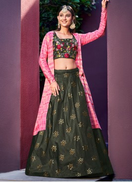 Olive Green Sequins Lehenga Choli with Tie-Dye Jac