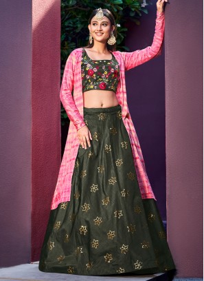 Olive Green Sequins Lehenga Choli with Tie-Dye Jacket