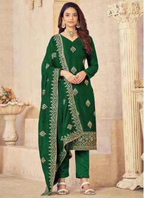 Green Embroidered Vichitra Silk Dress Material