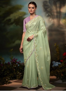 Pista Green Designer Organza Wedding Saree